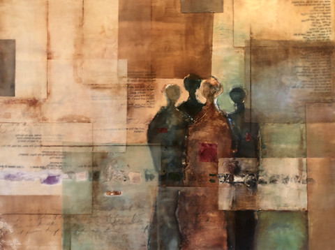 Poetic Layers, 24h x 32w, encaustic and mixed media on wood, Erica Konrad.