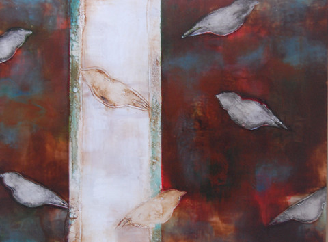 Whispers Among the Flock, 24h x 32w, encaustic and oil stick on wood, Erica Konrad.