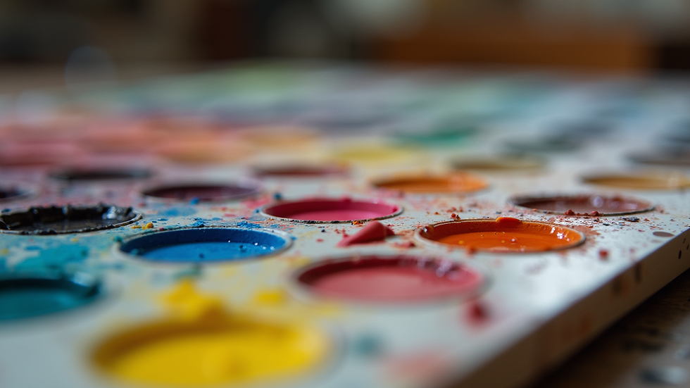 Close-up view of vibrant paint palettes in an artist's studio