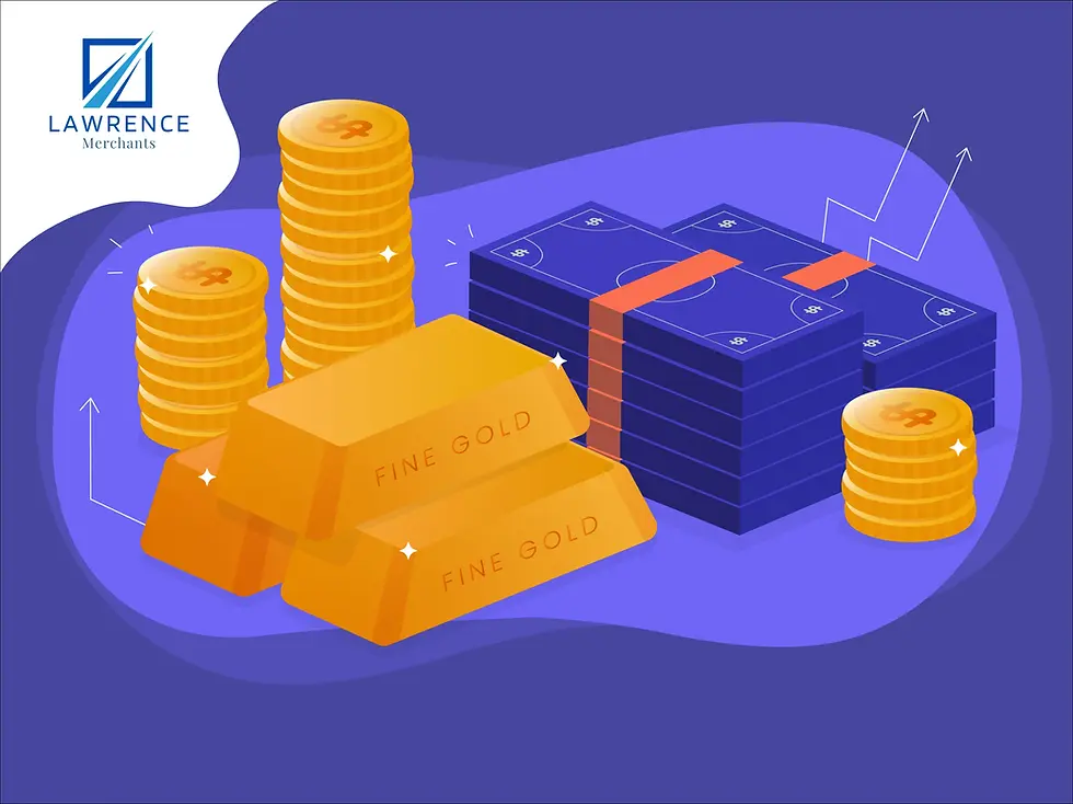 Stacks of gold bars and coins, and bundles of cash on a purple background. Lawrence Merchants logo in the corner.