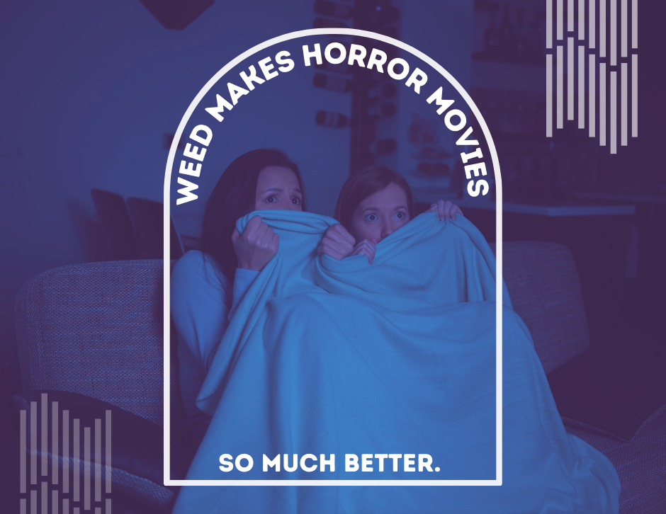 Two women in a dark room under a blanket watching a horror movie with text that reads "why weed makes horror movies way better"