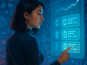 Illustration of a woman in a futuristic high‑tech environment interacting with holographic interfaces. The digital displays show product comparisons and symbolize AI‑powered product discovery and advertising.