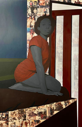 Painting: Image transfer, Acrylic Paint and pencil on wood 
220cm x 170cm x 3cm
Ofunne Azinge, 2022