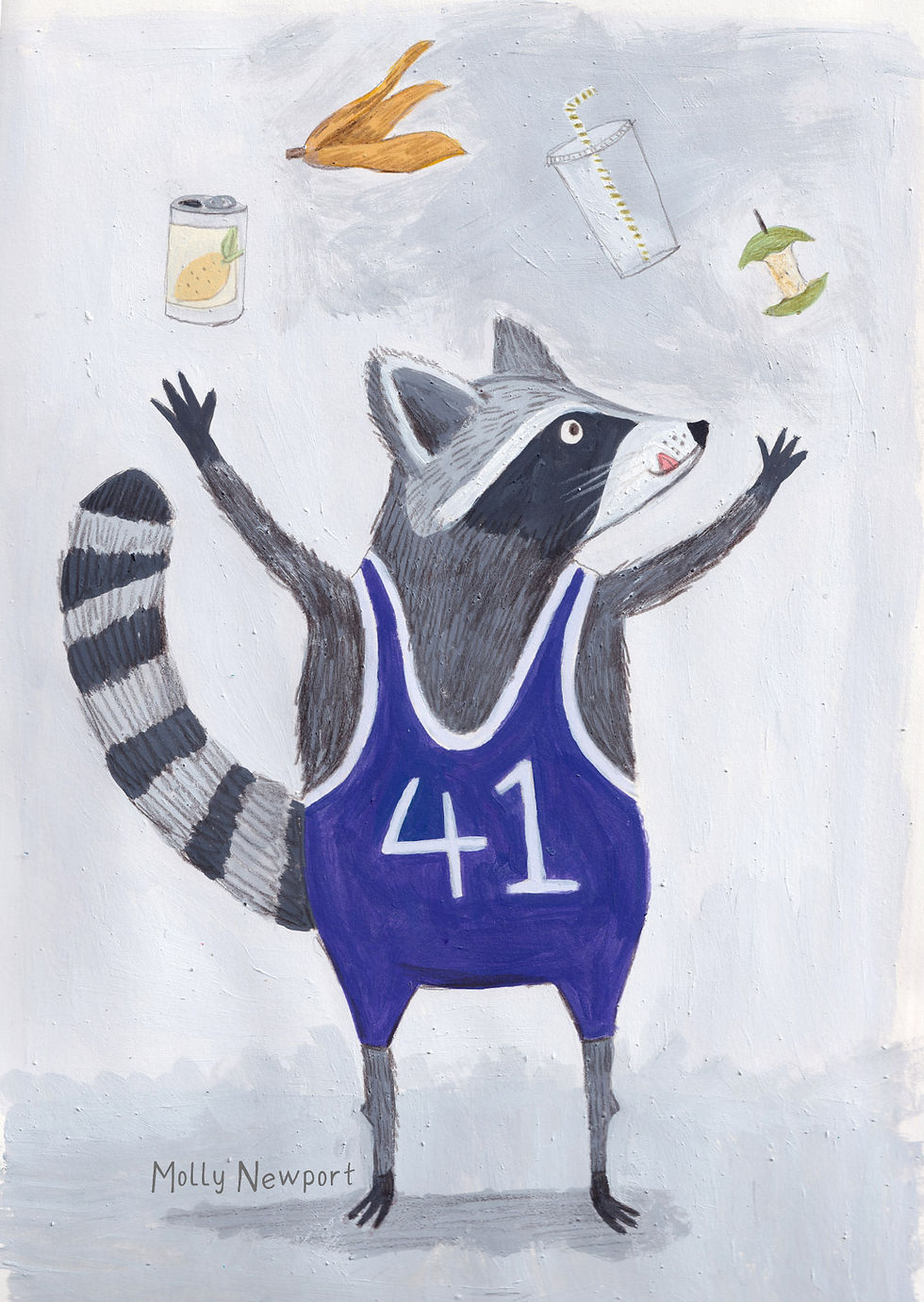 Raccoon in a purple signet with '41' juggles a banana peel, drink, and apple core. Background is grey. Name "Molly Newport" is visible.