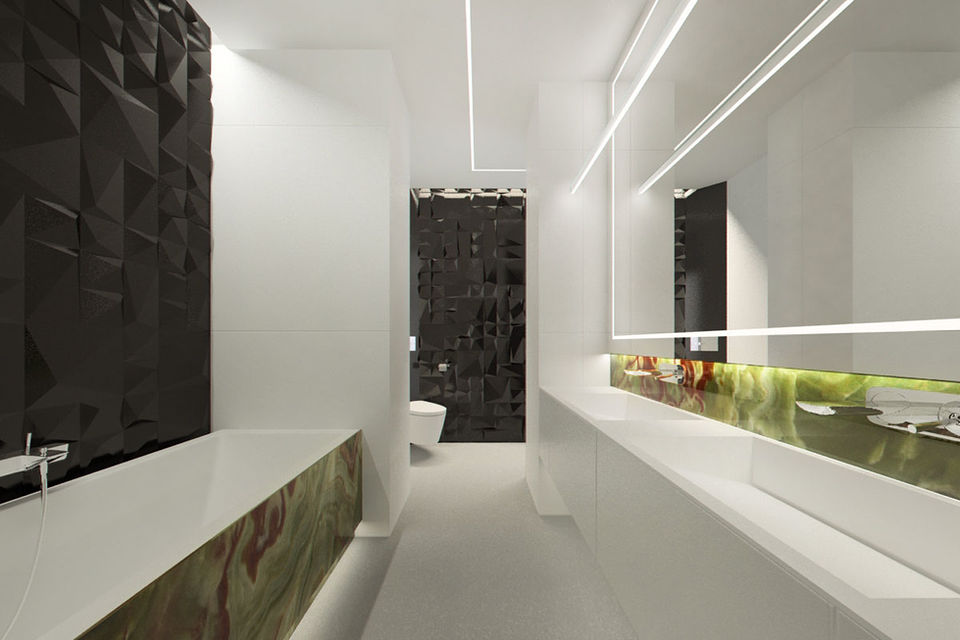 Nowoczesna łazienka w geometryczne płytki, wykończenie w zielonym kamieniu