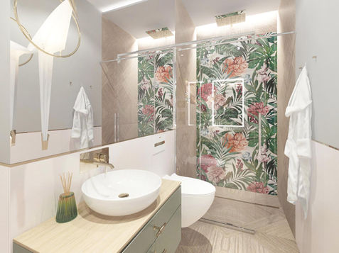 Zielono-drewniana łazienka, płytki w liście palmowe lampa w kształcie ptaka