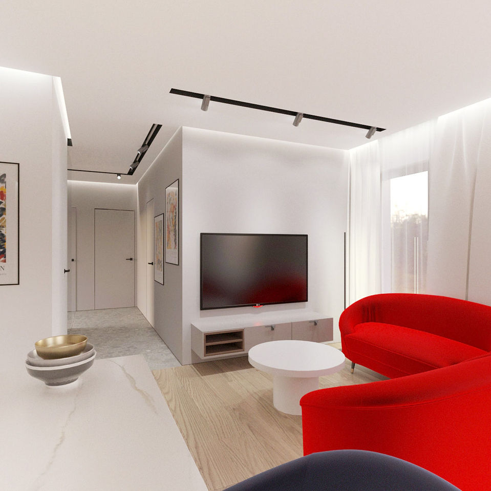 minimalistyczny salon, szare ściany, czerwona sofa, oświetlenie led