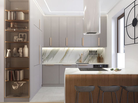 Nowoczesna szara kuchnia, drewno, podświetlenie, 