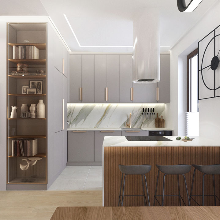 Nowoczesna szara kuchnia z drewnem i miedzianymi dodatkami