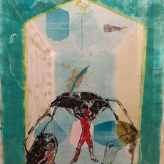 In Greek Myth Oedipus has to answer the Sphynx’s riddle before he can progress. The Sphynx asks: what walks on 4 feet at dawn, on 2 feet at noon & on 3 feet at dusk. The answer is “Man—crawling on all fours as a baby, on 2 feet at his best and, aided by a cane, on 3 feet in old age”. Referencing a clock & a Viturbian man, I interpreted this old tale in this print.