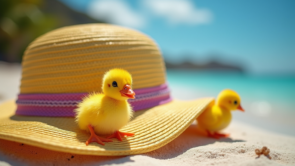 Close-up view of a colorful vacation hat adorned with hatchling characters