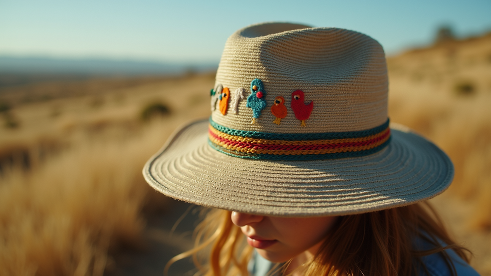 Close-up view of a travel hat adorned with colorful hatchling patches