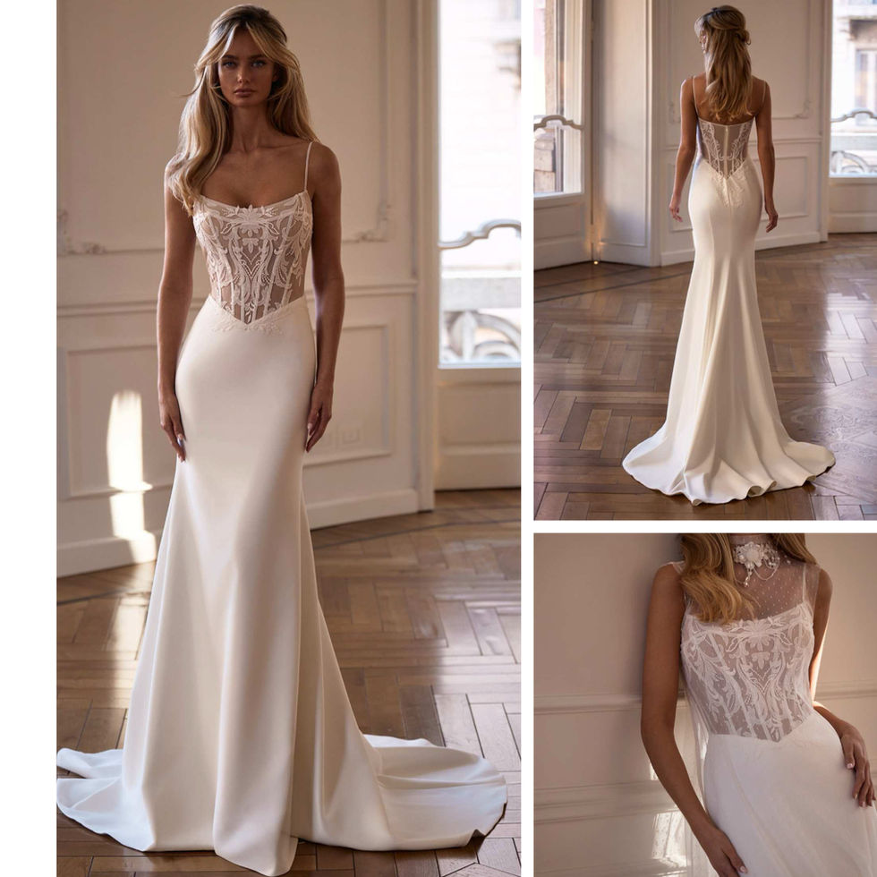 Modella indossa abito da sposa bianco, con ricami, Sposami Atelier, elegante, stile