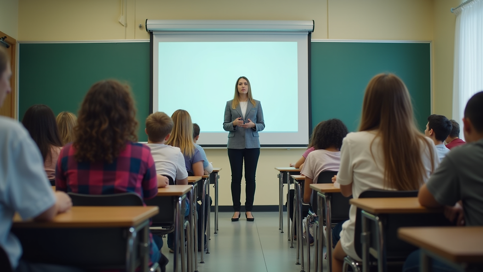 Eye-level view of a classroom filled with engaged students and a teacher