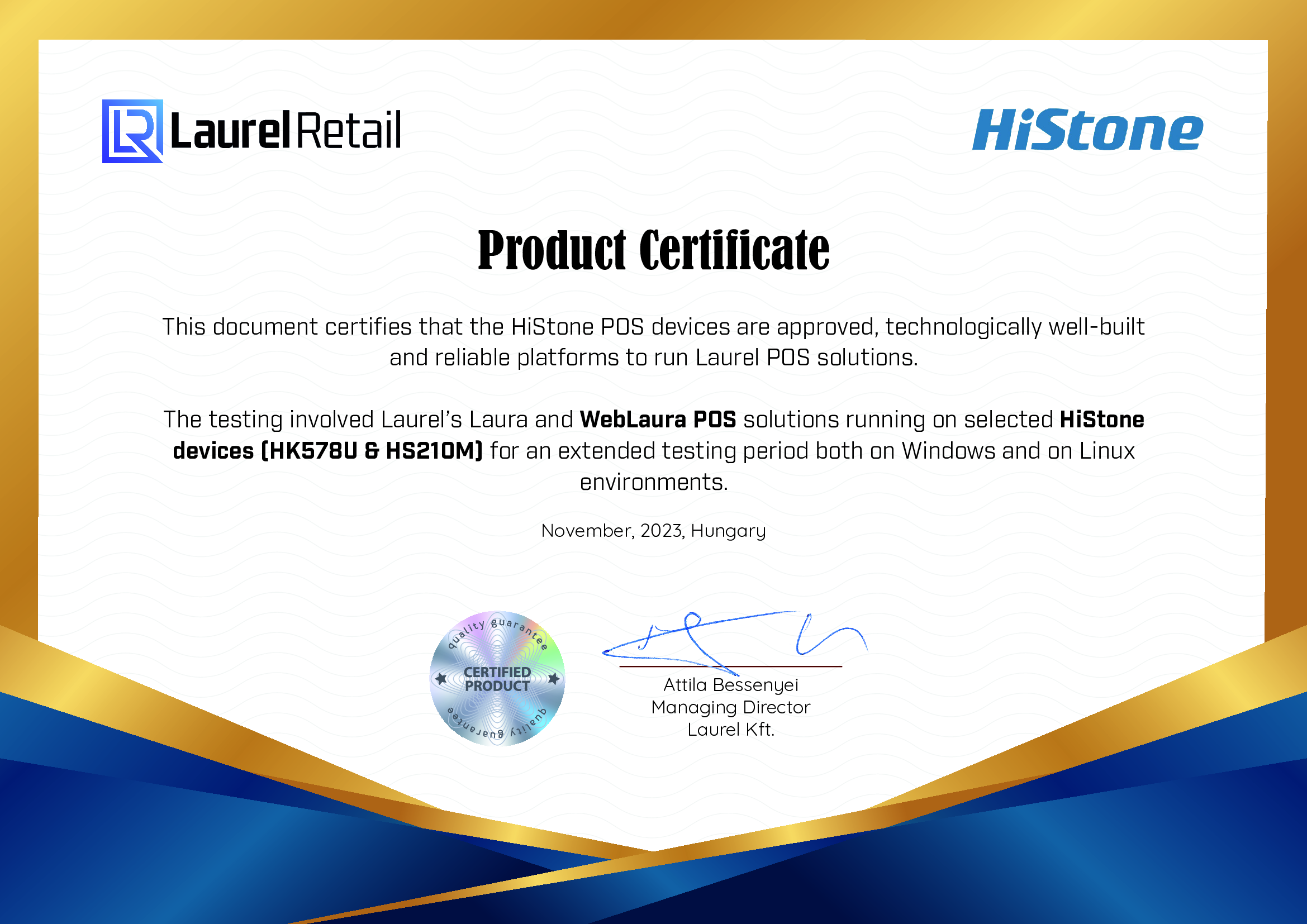 Product certificate from Laurel to HiStone