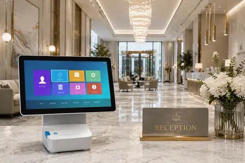 histone luna pos system on a counter in a hotel lobby reception setting