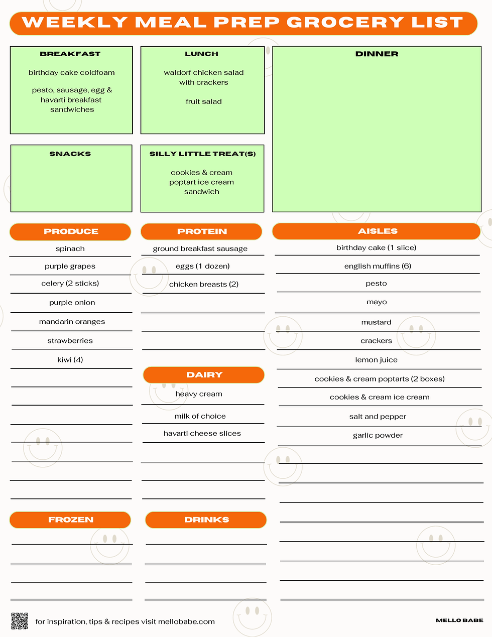 Weekly meal prep grocery list with items for breakfast, lunch, snacks, produce, dairy, and more. Orange and green sections with smiling face icons.