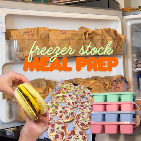 Freezer stocked with brown meal-prep bags; collage shows a hand holding a sandwich, mini pizzas, and a person holding containers.