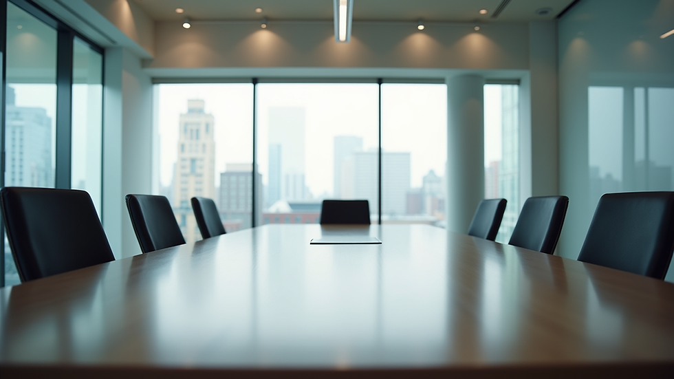 Eye-level view of a modern office space with a large conference table