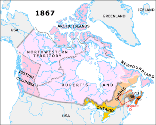 Mapa da evolução do território canadense em 1967