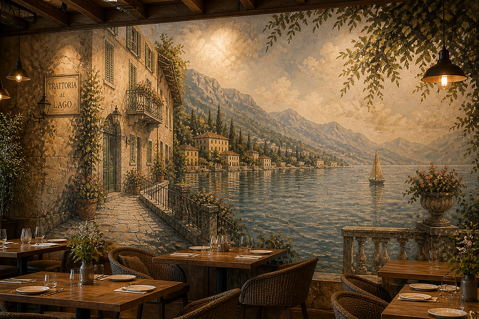 Restaurant interior with a scenic mural of a lakeside village