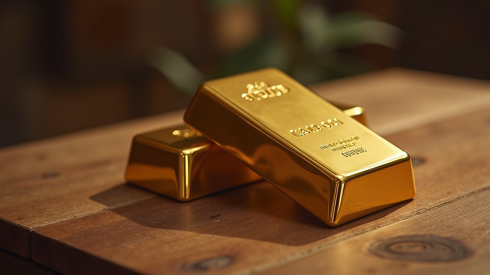 Eye-level view of a gold bar resting on a wooden table