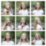 Woman in white shirt making playful faces and applying lipstick in a collage of nine images. Outdoor setting with blurred green background.
