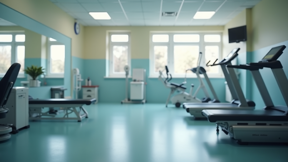 Eye-level view of a rehabilitation room with exercise equipment