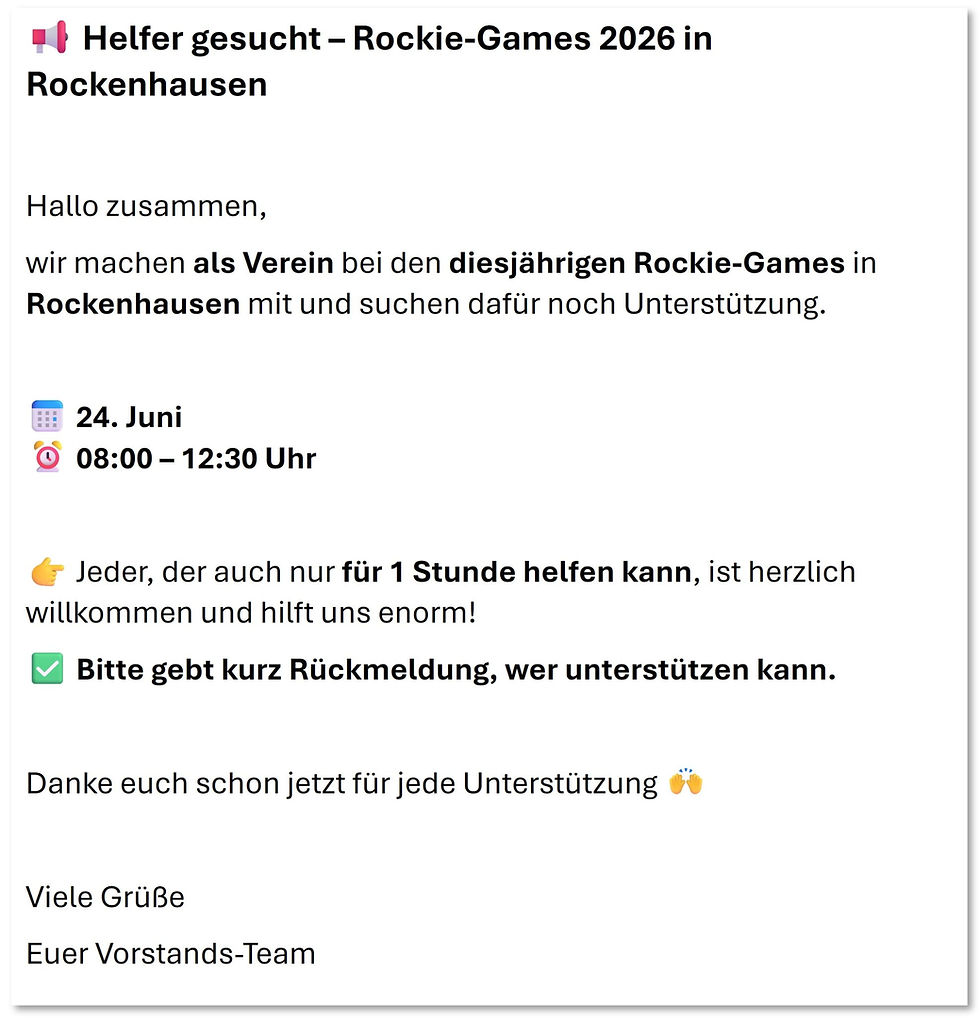 Helfer fĂŒr Rockie Games am 24.06.2026 gesucht
