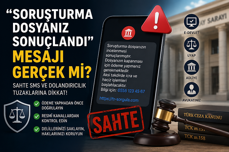 Sahte soruşturma ve icra mesajlarına karşı resmî kanallardan doğrulama yapılması gerektiğini anlatan hukuk blogu görseli.