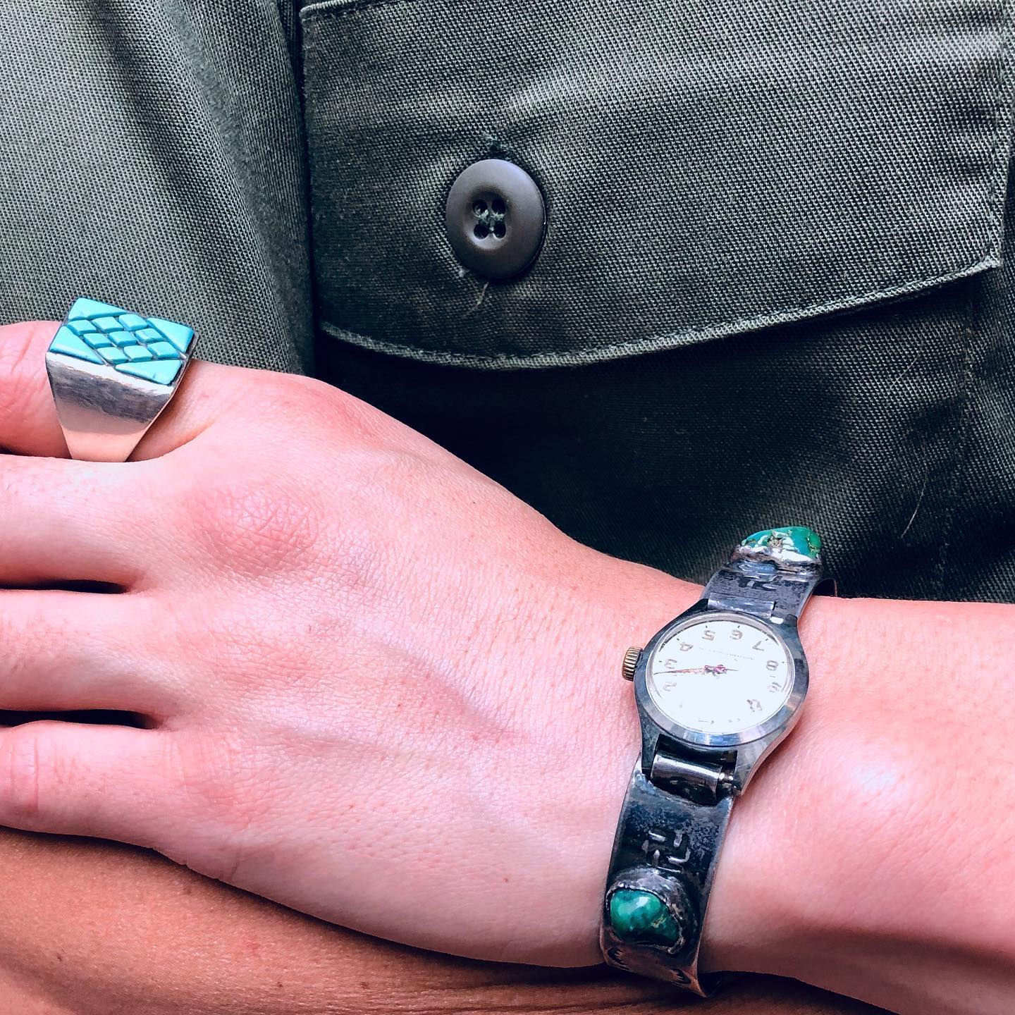 Navajo Whirling Log Green Turquoise Silver Watch Cuff