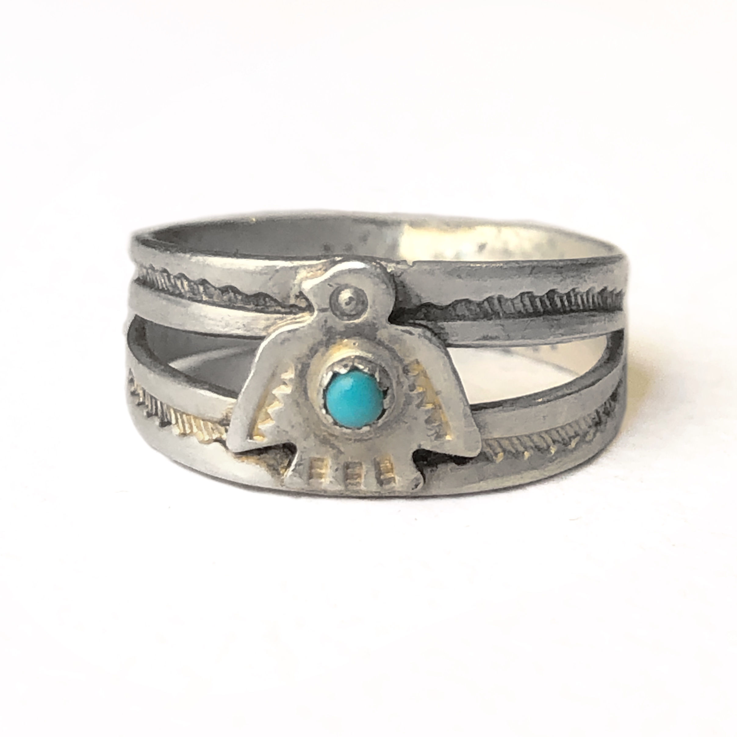Navajo Sterling Silver Thunder Bird Turquoise Ring / 8