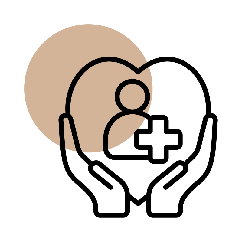 Icon of hands holding a heart with a medical cross, representing a modern patient-focused pharmacy space