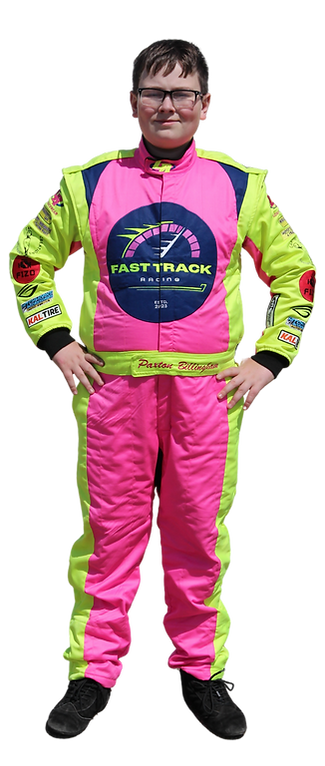 Fast Track Racing driver in pink racing suit graphic