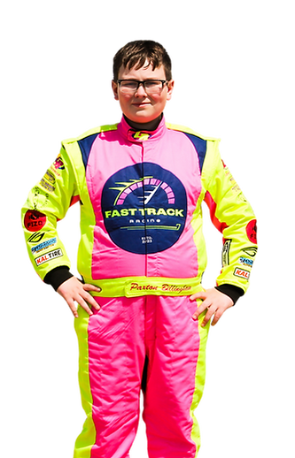 Fast Track Racing driver in pink racing suit graphic