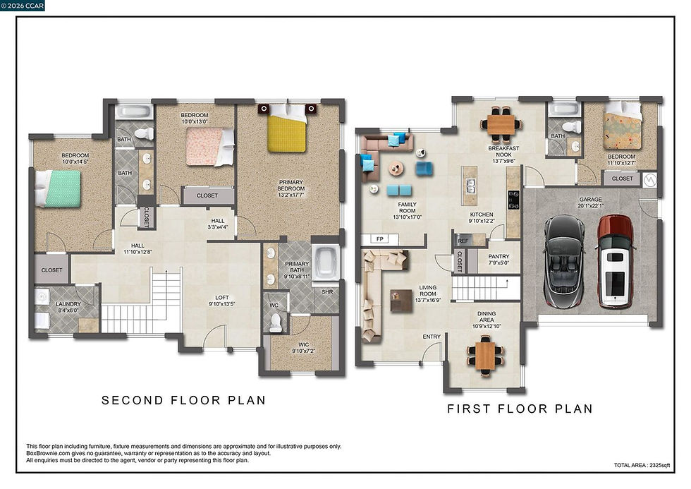 Floor plan of 649 Spillman Circle showing the first and second floor layout, including bedrooms, bathrooms, living areas, kitchen, garage, and entry.