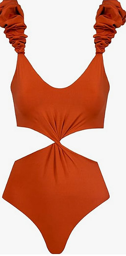 Maygel Coronel Praiano one-piece swimsuit featuring sculptural cutouts, ruched texture, and a flattering high-leg silhouette in a soft neutral tone