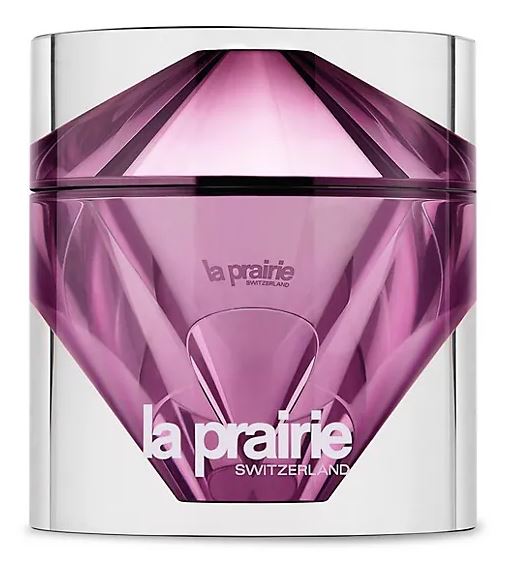 La Prairie Platinum Rare Haute-Rejuvenation Cream in a faceted platinum-toned jar, an ultra-premium anti-aging moisturizer that targets fine lines and skin regeneration.
