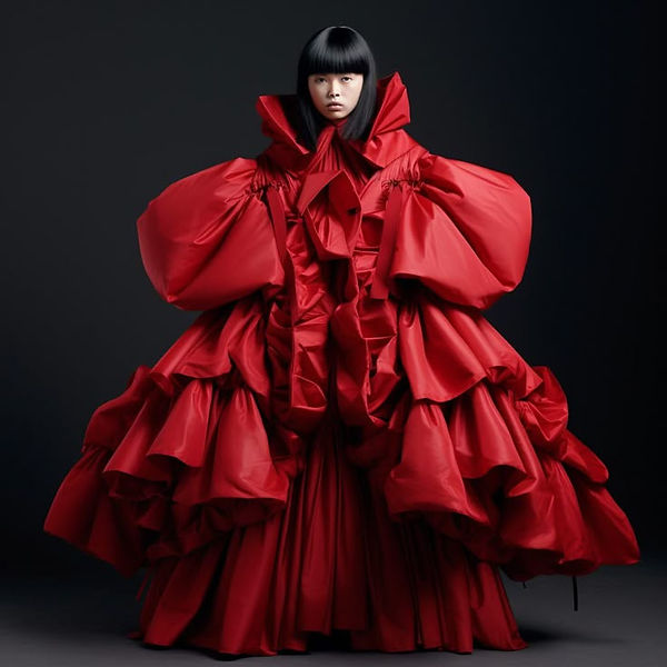 Avant-garde red conceptual dress by Rei Kawakubo for Comme des Garçons, featuring sculptural padding and asymmetrical structure on a runway model.