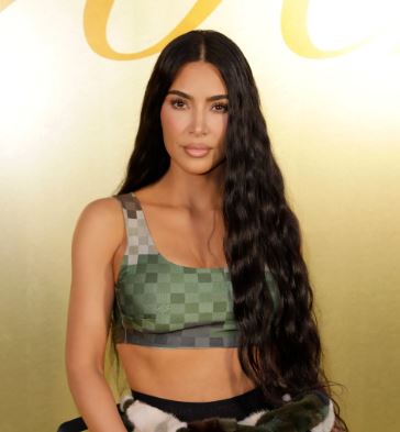 Kim Kardashian with flawless, contoured skin, highlighting her high-glam skincare and beauty routine.