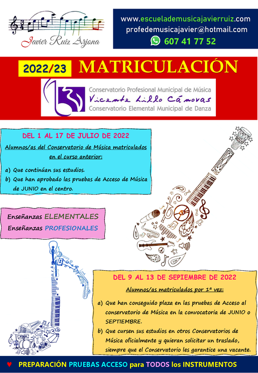 2022/23 Abierto PLAZO DE MATRICULACIÓN para el Conservatorio Profesional de Música San Vicente