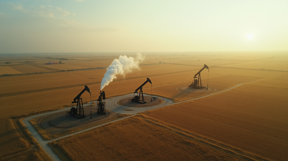 Aerial view of a rural landscape with oil wells