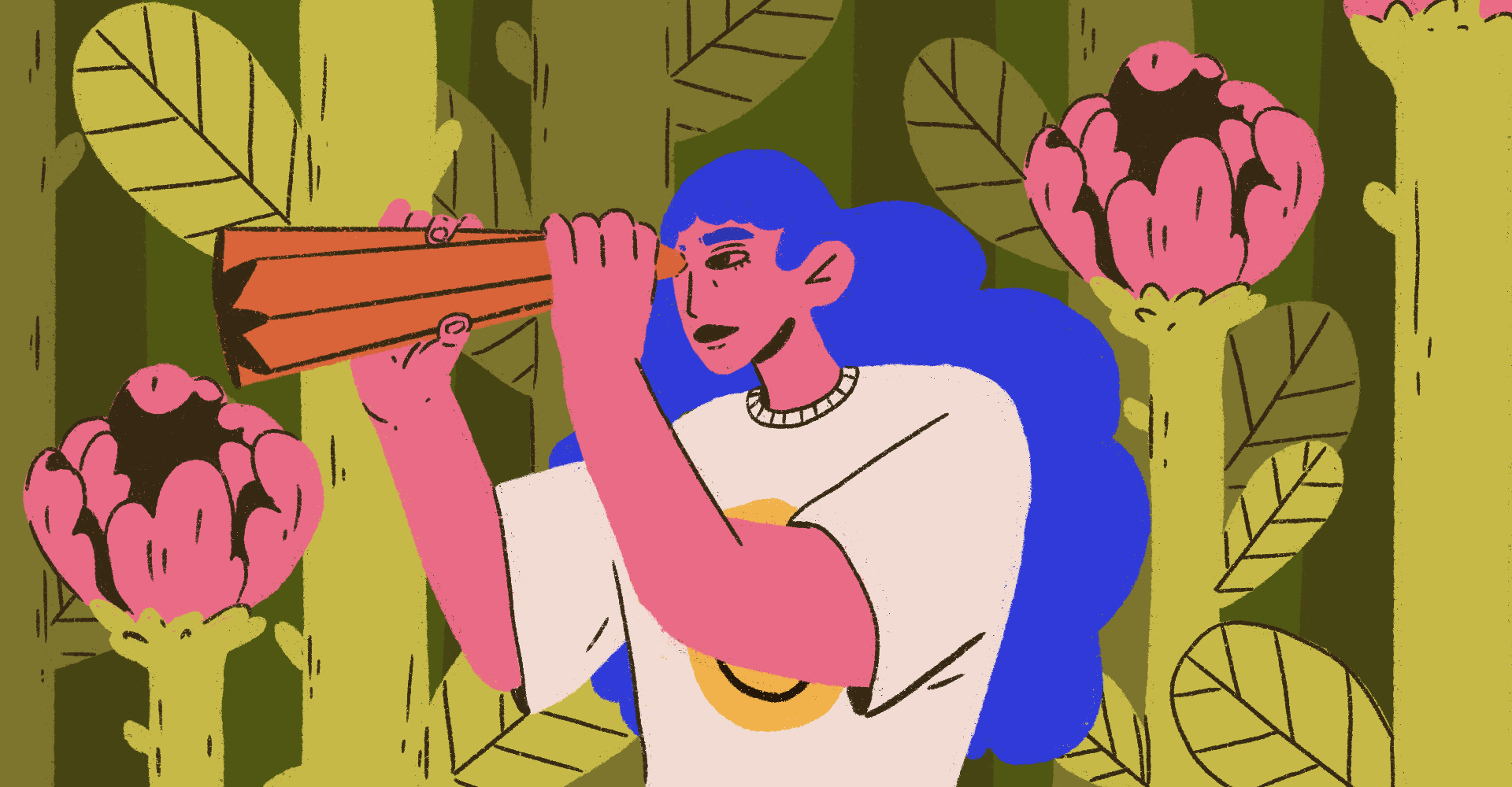 Animação "A exploradora", uma menina colorida olhando com um telescópio na natureza