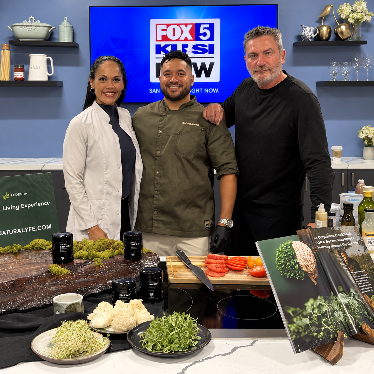 Dr. Stefanie Basso with guests at FOX 5 San Diego, with fresh green foods in the foreground