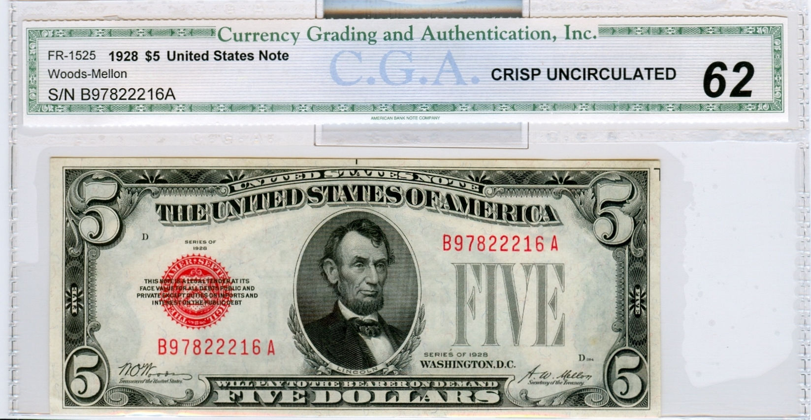 FR 1525  1928 $5 United States Note CGA 62