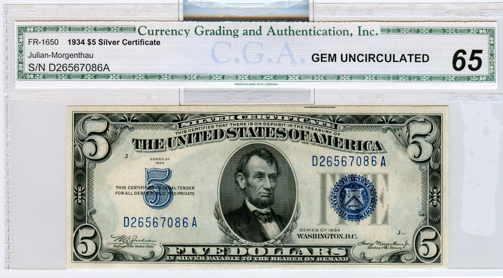 FR 1650  1934 $5 Silver Certificate  CGA 65