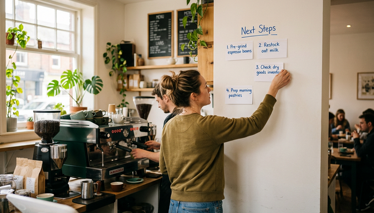 Wide-angle view of a café owner placing handwritten next steps on a wall near a coffee machine.