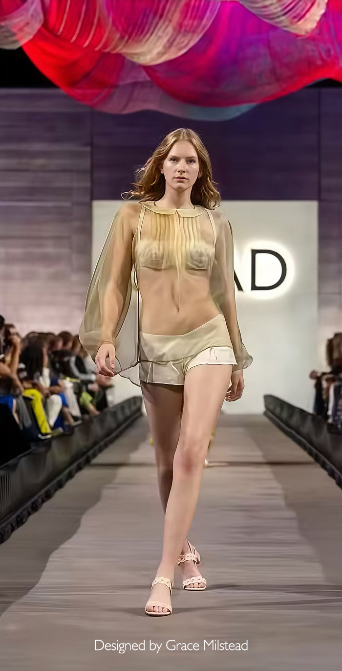 Model walking the SCAD Savannah runway in a sheer layered ensemble featuring pleated detailing, satin micro shorts, translucent sleeves, and lingerie-inspired construction beneath Janet Echelman’s suspended textile installation.