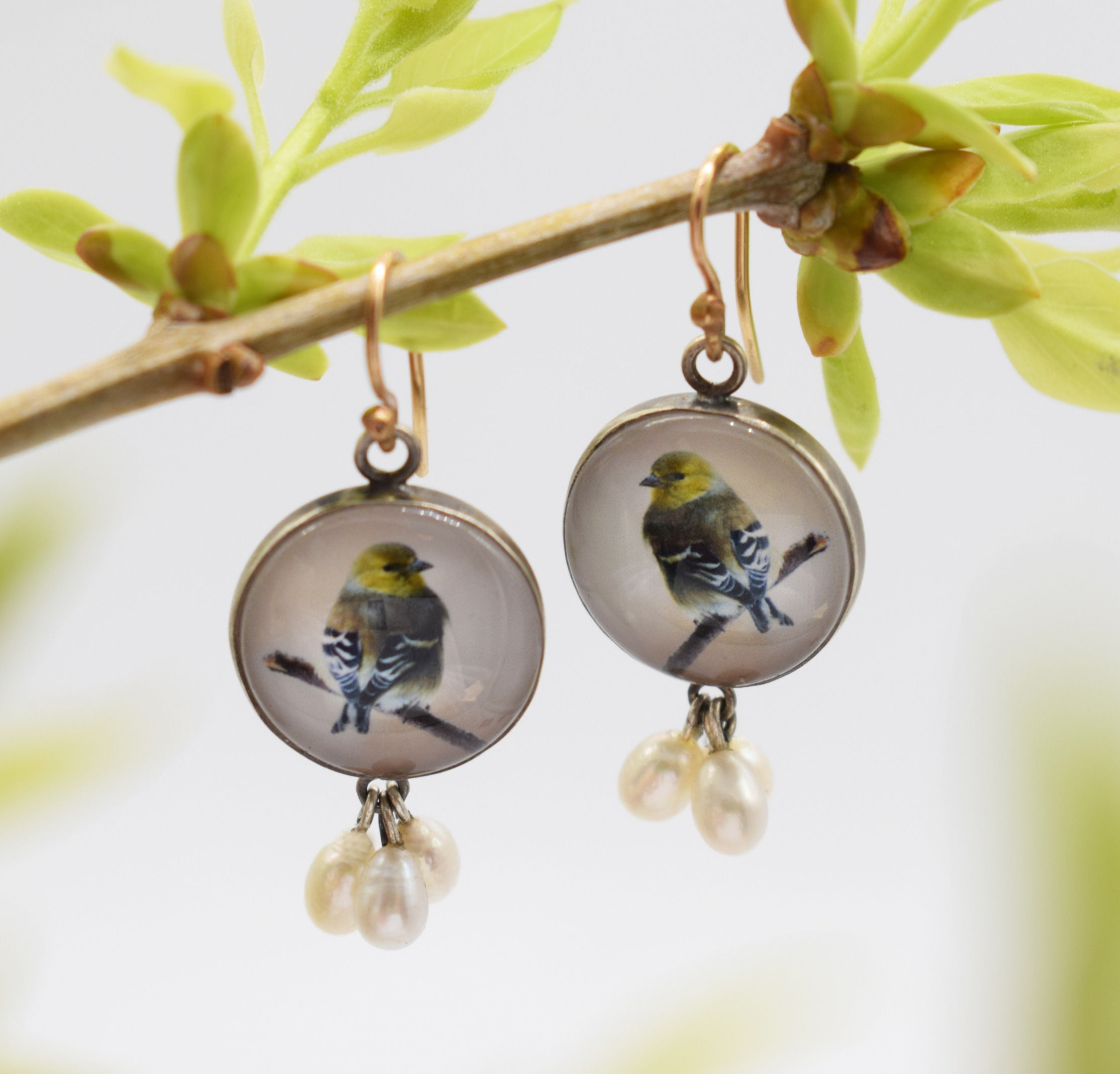 Goldfinch and Pearls Earrings