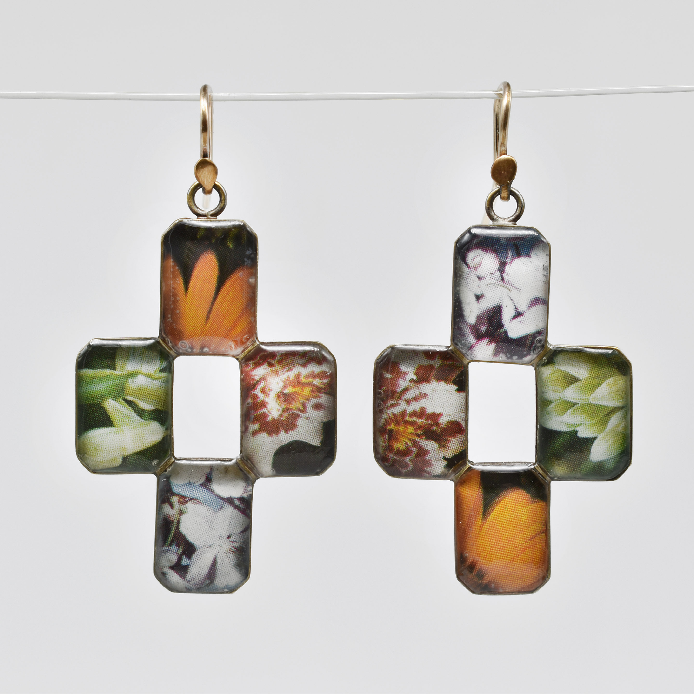 Small Octagonal Cross Earrings with vintage floral imagery